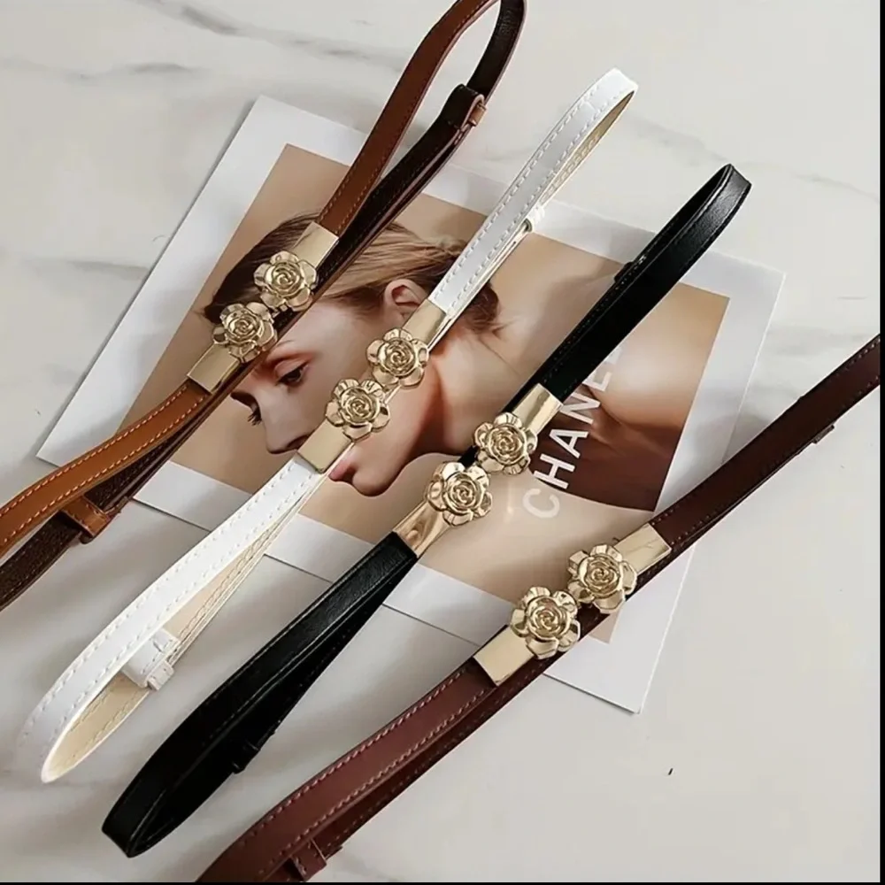 NEW| Women’s Brown Vintage Rose Buckle Matte Skinny Belt